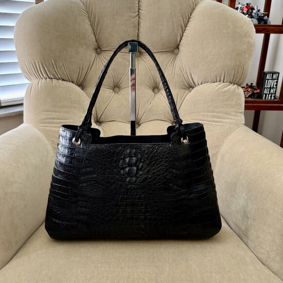 Auth RIVER Genuine Caiman Crocodile Luxurious Black Satchel Bag - Picture 1 of 7